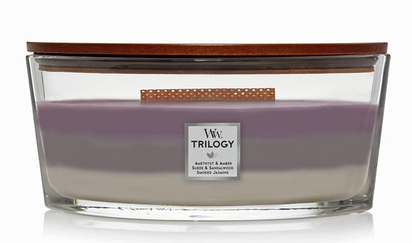 AMETHYST & AMBER SUEDE & SANDALWOOD SMOKED JASMINE Ellipse Candle from WoodWick's Trilogy Collection