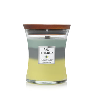 WHITE WILLOW MOSS, EVENING ONYX, LEMONGRASS 9.7 oz Medium Hourglass Jar Candle from WoodWick's Trilogy Collection