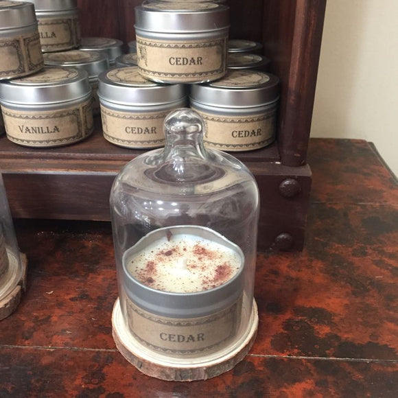 CEDAR CANDLE IN CLOCHE BELL JAR with Wood Slice Base Display Set