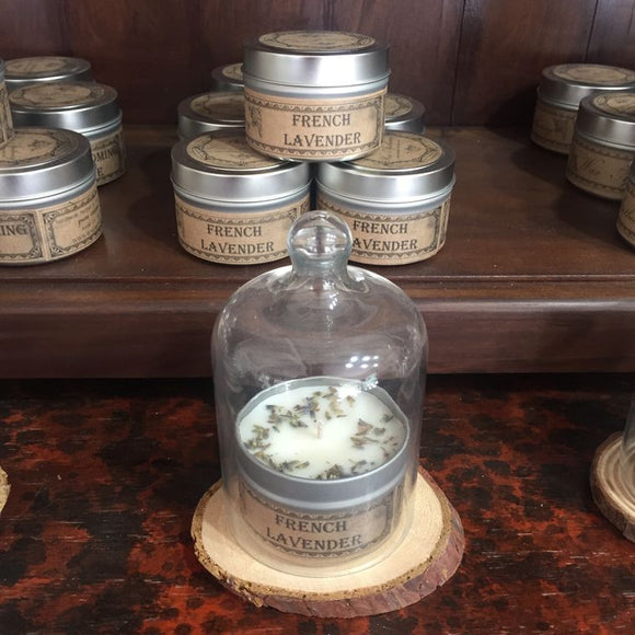 FRENCH LAVENDER CANDLE IN CLOCHE BELL JAR with Wood Slice Display Set