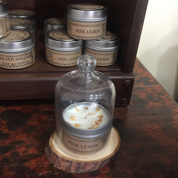 LEMON CANDLE IN CLOCHE BELL JAR with Wood Slice Base Display Set