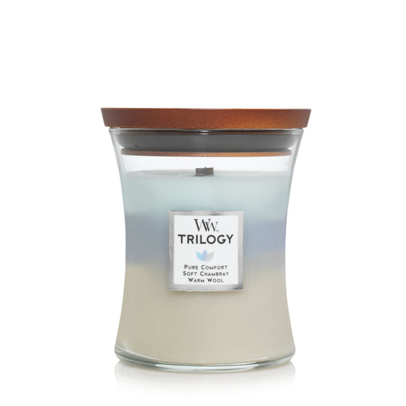 PURE COMFORT SOFT CHAMBRAY WARM WOOL Medium Hourglass Candle from WoodWick's Trilogy Collection